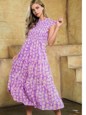 THML Lavender Floral Smocked Midi Dress XL NWT Cotton Tiered
